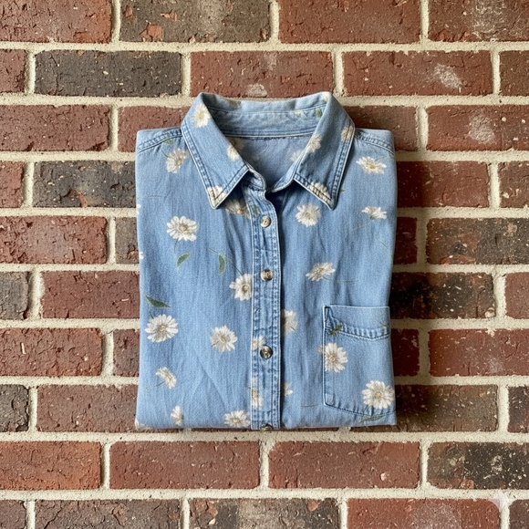 Floral Daisy Print Denim Button Up Shirt Large - Picture 2 of 6